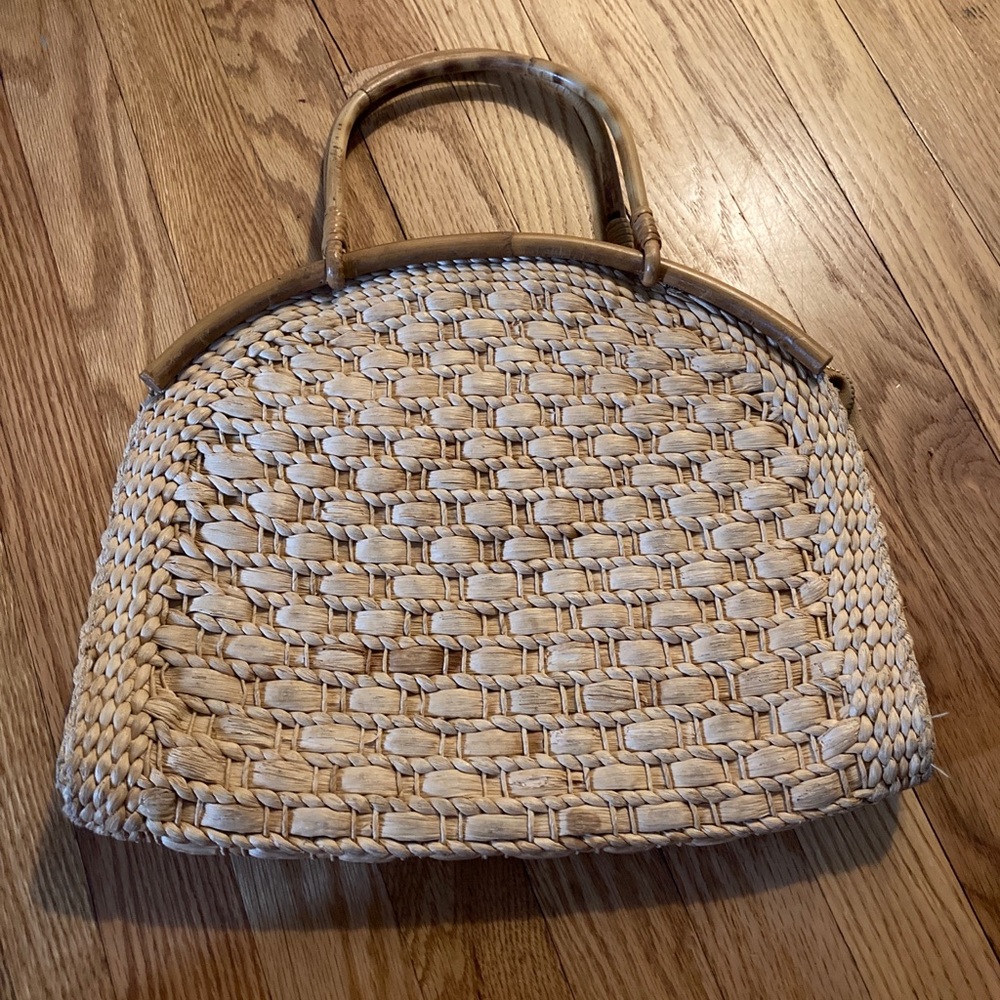 Vintage Rattan Straw Woven Bamboo Handle Purse